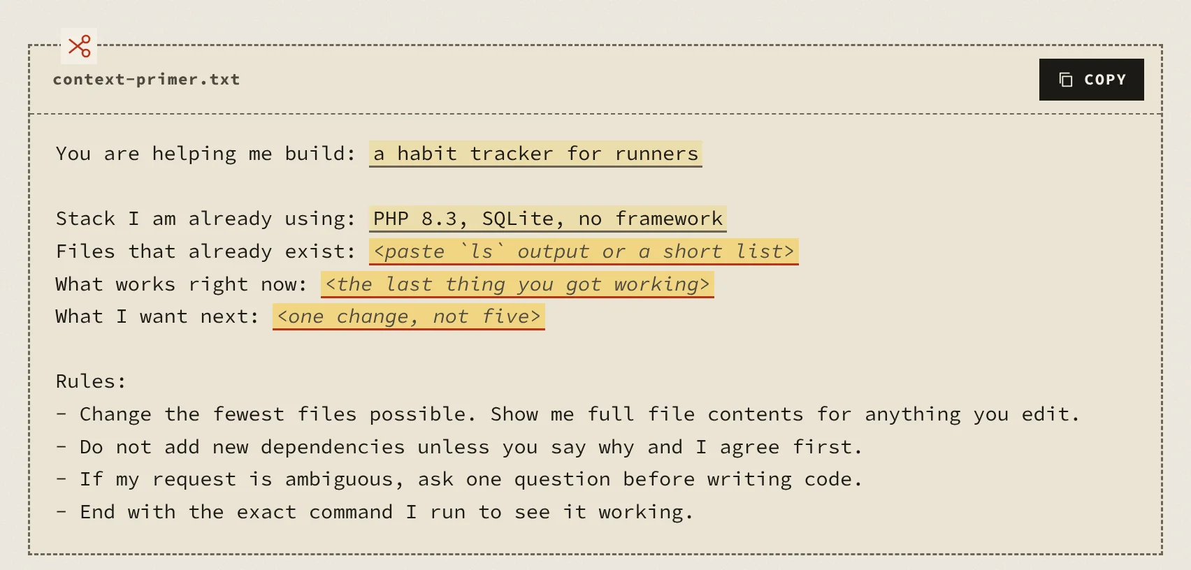 A prompt with the project details already filled in and three blanks still waiting